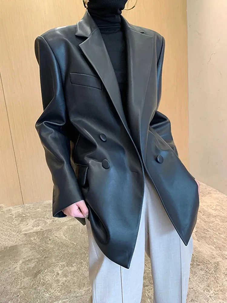 Damen-Blazer aus Leder, Kunstleder, Nerazzurri, Frühling und Herbst, locker, lässig, kühl, weich, schwarz, leicht, PU-Leder, Blazer, Jacke, Damen, Langarm, Frühlingskleidung, Damen 231129