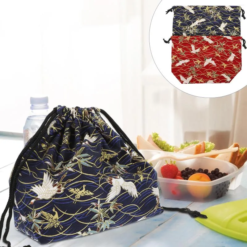 Din sets sets 2 pc's Bento Bag Tas Women Drawstringbox met katoenen lunch Mini Travel