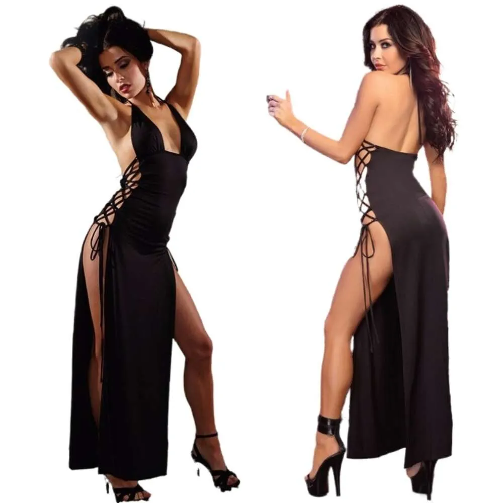 Sexy Kostüm rückenfreier Hosenträger-Maxirock, sexy übergroße Damen-Sex-Unterwäsche, erotische Split-Cheongsam-Schnürung, schwarzes langes Kleid, Nachtclub