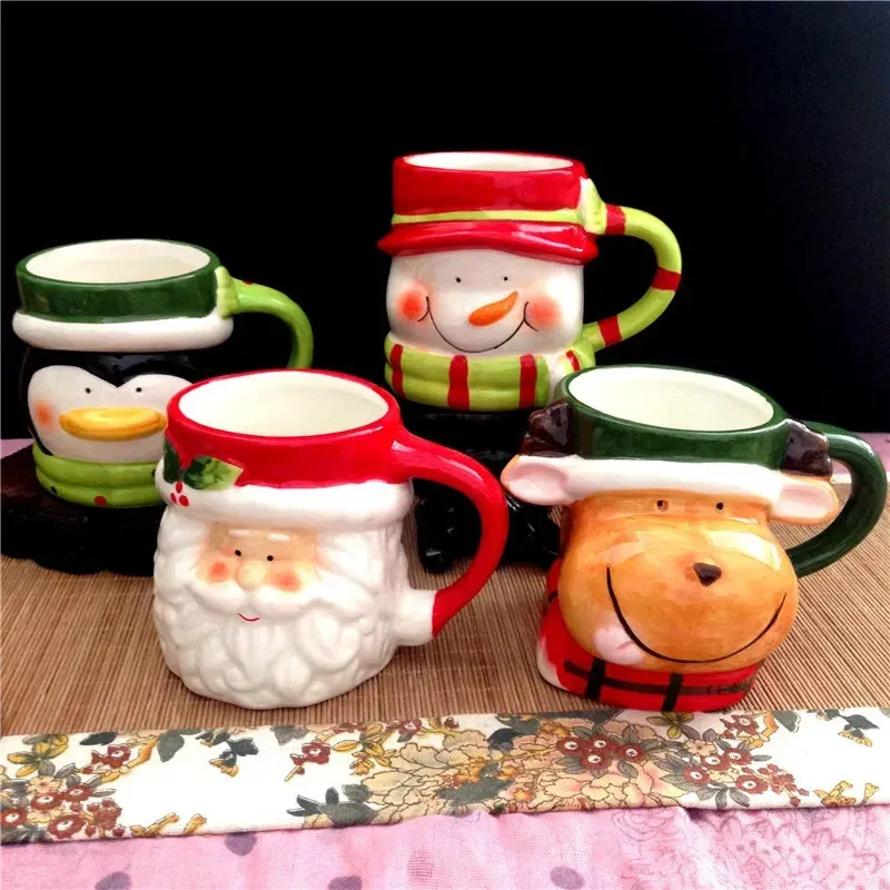 Water Bottles Creative Christmas ceramic mug cartoon Santa Claus snowman elk couple cups household tableware girl boy gift 231129