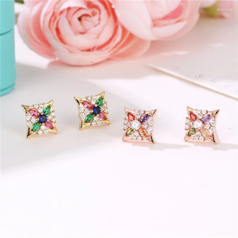 Stud Earrings Geometric Small Clover Women Colorful Crystal Flower Luxury Jewelry Brand Cute Earings Z504