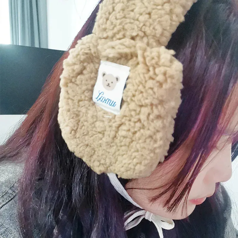 Ear muffs coreano bonito urso de pelúcia earmuff dobrável rendas até saco capa mais quente outono inverno mulheres fones de ouvido manter quente 231130