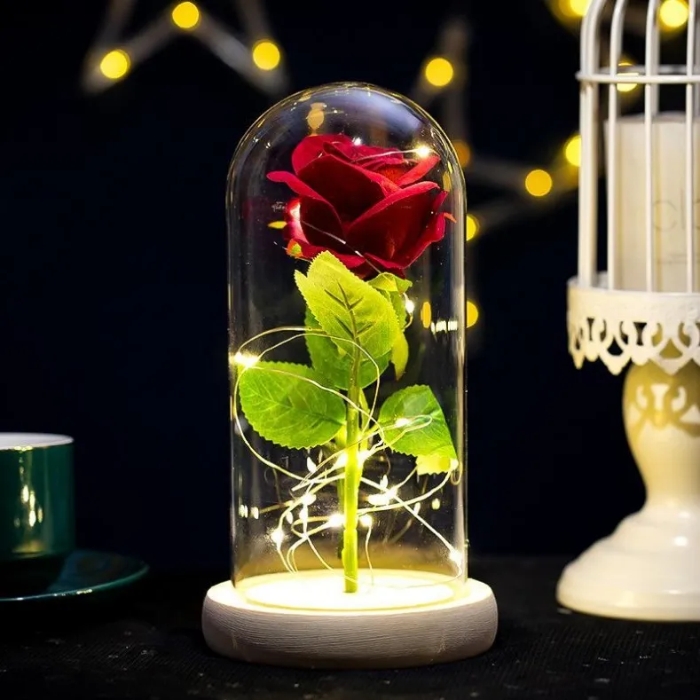 Rose varar för evigt med LED -lampor i Glass Dome Valentines Day Bröllopsdag Födelsedagspresenter Fest Decoration 5 Färger FY2498 0110