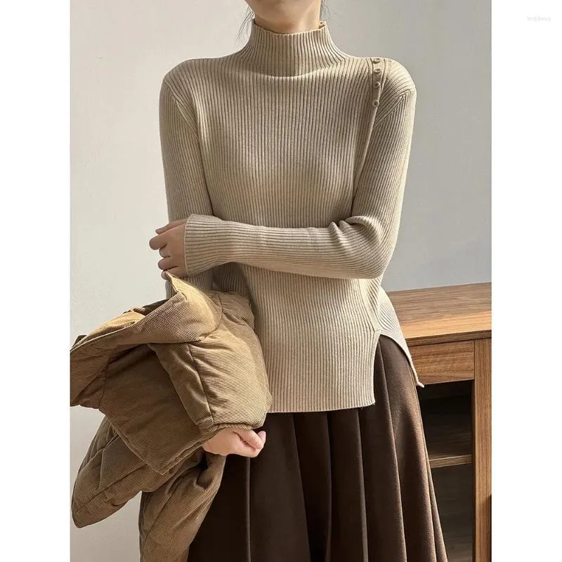 Maglioni da donna Maglione semplice a collo alto per donna 2023 Camicia con fondo sottile a maniche lunghe con bottoni design invernale