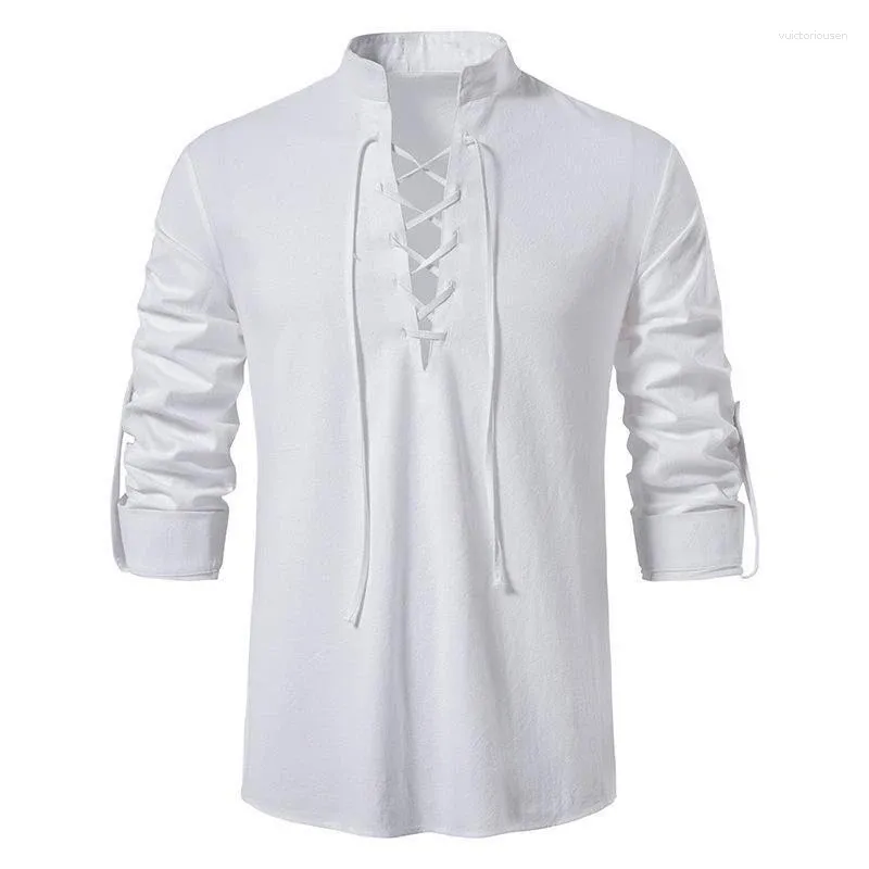 Heren casual shirts 7 kleuren katoen linnen Koreaanse stijl zomer effen opstaande stropdas kraag lange mouw heren strand oversized kleding witte top