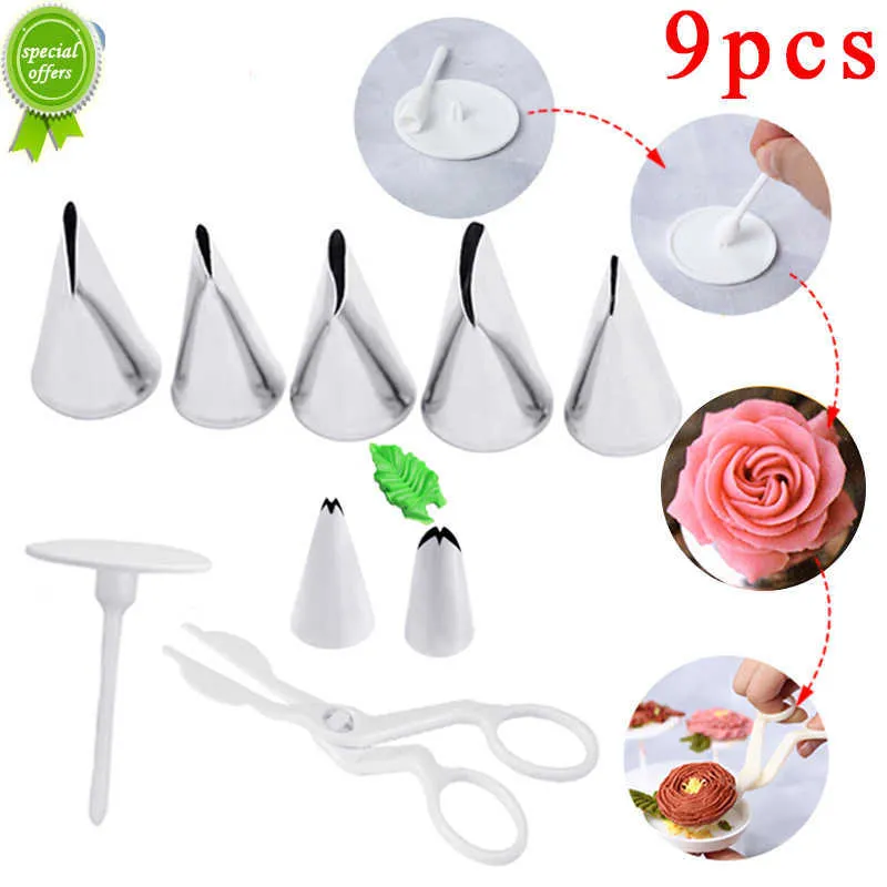 Ny 9 st/set Flower Scissor +Cake Tray +7st Tulpan Rose Munstycke Nail Decor Lifter Fondant Cream Transfer Baking Pastry Kitchen