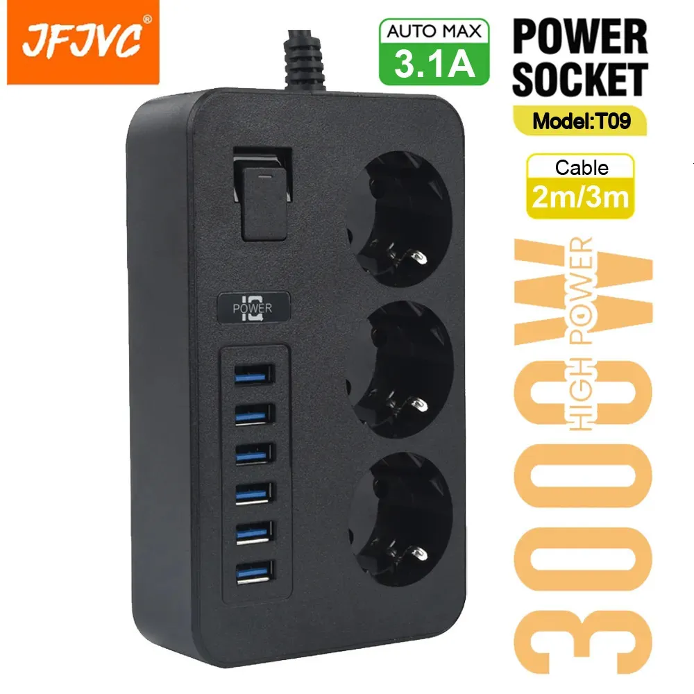 Strömremsor Förlängningssladdar Surge Protectors EU Plug AC Outlet Strip Multiprise Smart Home Cord Electrical Socket 6 USB Port 31A Telefonladdningsnätverksfilter 231130