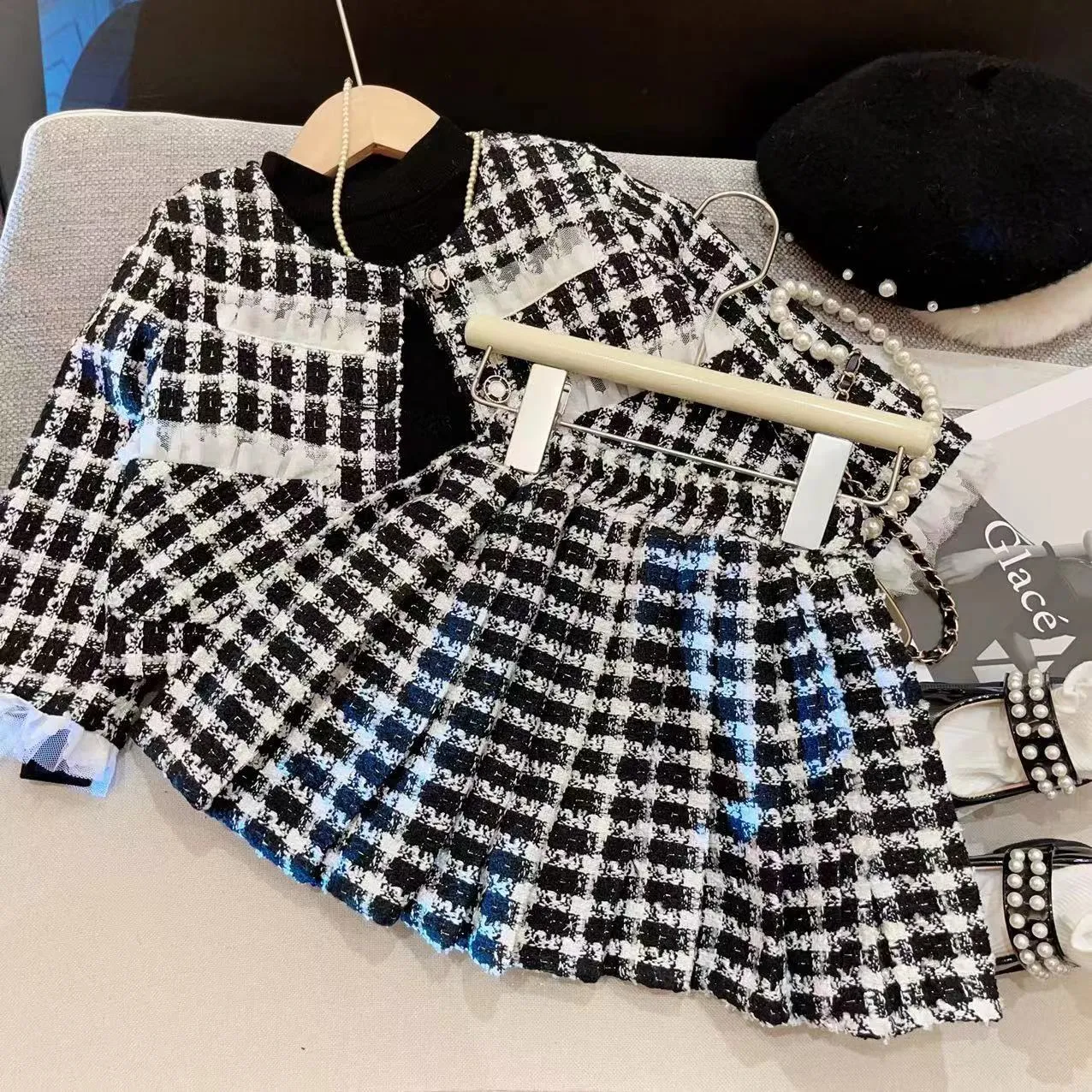 Lady style Ragazze plaid di lana set di vestiti per bambini nero bianco reticolo monopetto outwear gonne a pieghe 2 pezzi bambini abiti da principessa S0914