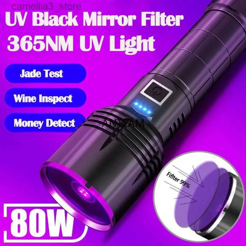 횃불 강력한 80W 4 코어 365nm UV 손전등 고전력 검은 전력 거울 보라색 라이트 감지 토치 타입 C 충전식 26650 랜턴 Q231130