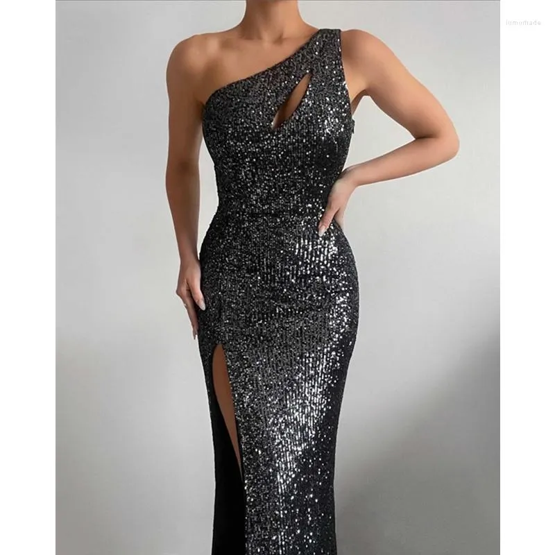 Casual Dresses One Shoulder Cutout High Slit Sequin Dress Fashion Women Sexig ärmlös midjekorsett Cocktail Party Evening Evening