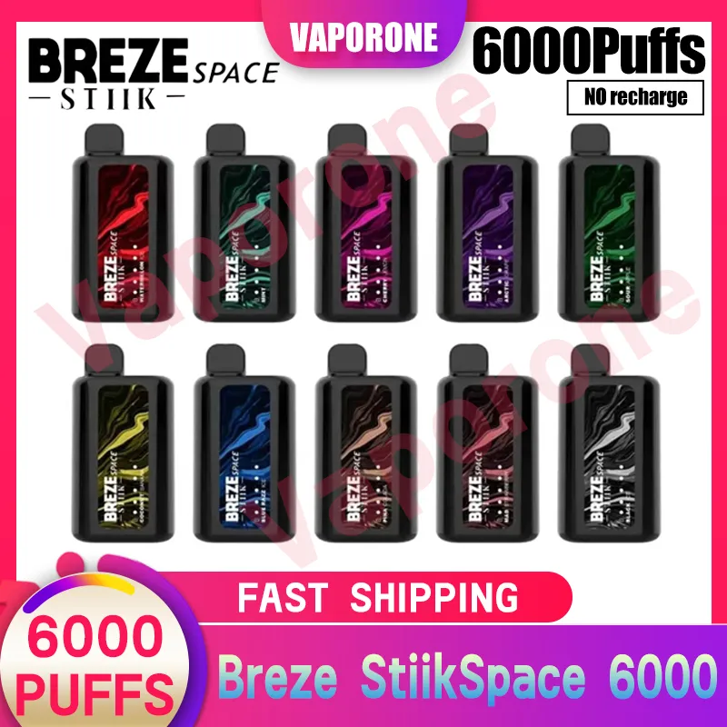 Original Breze Stiik Space 6000 Züge Einweg-Vape-Stift 6k Puff Vape Tornado 0 % 2 % 3 % 5 % Füllstand 13 ml vorgefüllte Kartuschen Pod 1500 mAh nicht wiederaufladbare Batterie 10 Geschmacksrichtungen