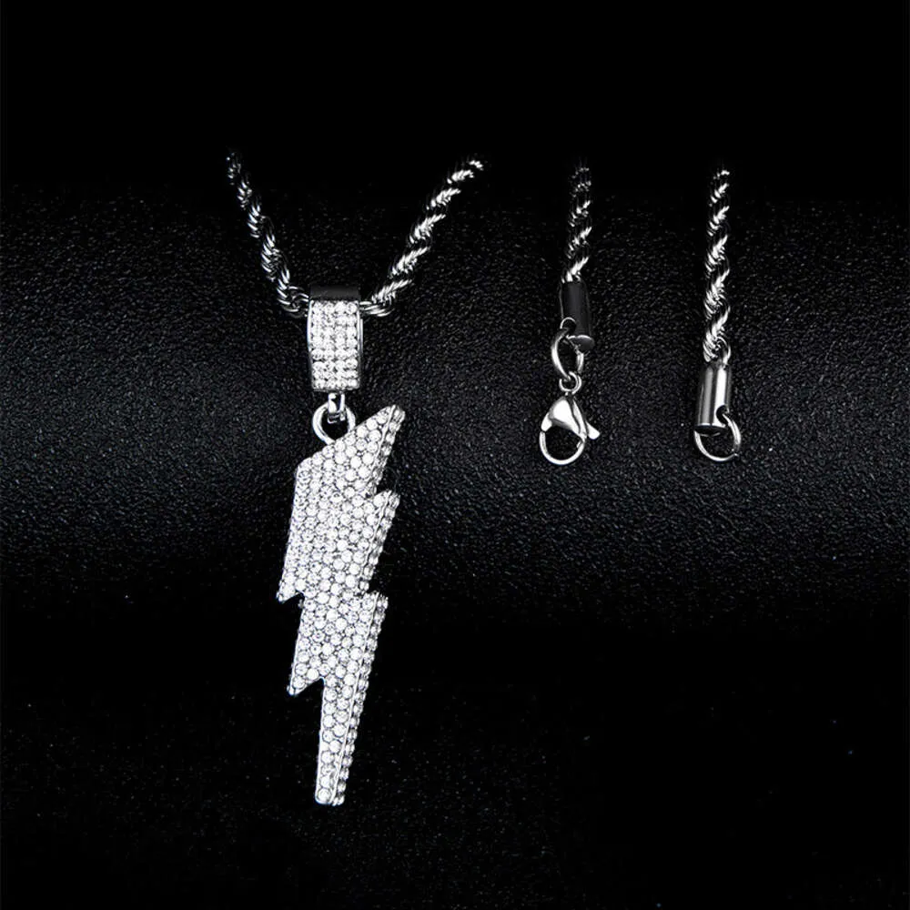 Cuban link chain mens necklace Four sided full diamond hip-hop pendant light luxury three-dimensional lightning pendant Hip Hop Necklace Men Jewelry