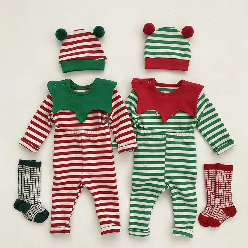 Bekleidungssets MILANCEL Weihnachts-Babykleidungsset, gestreifte Bluse, Latzmütze, Mütze und Hose, Kleinkindanzüge 231130