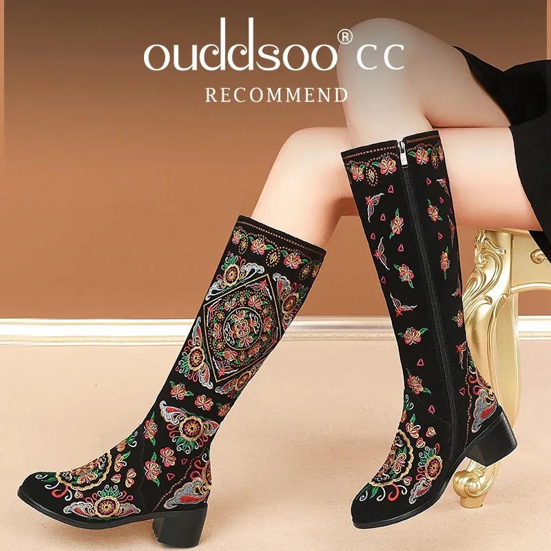 Boots Ods Womens Genuine Leather Knee High Embroidered Vintage Shoes Ethnic Style Winter Zipper Cow Suede Lace Up Long Boots 40414243 231129