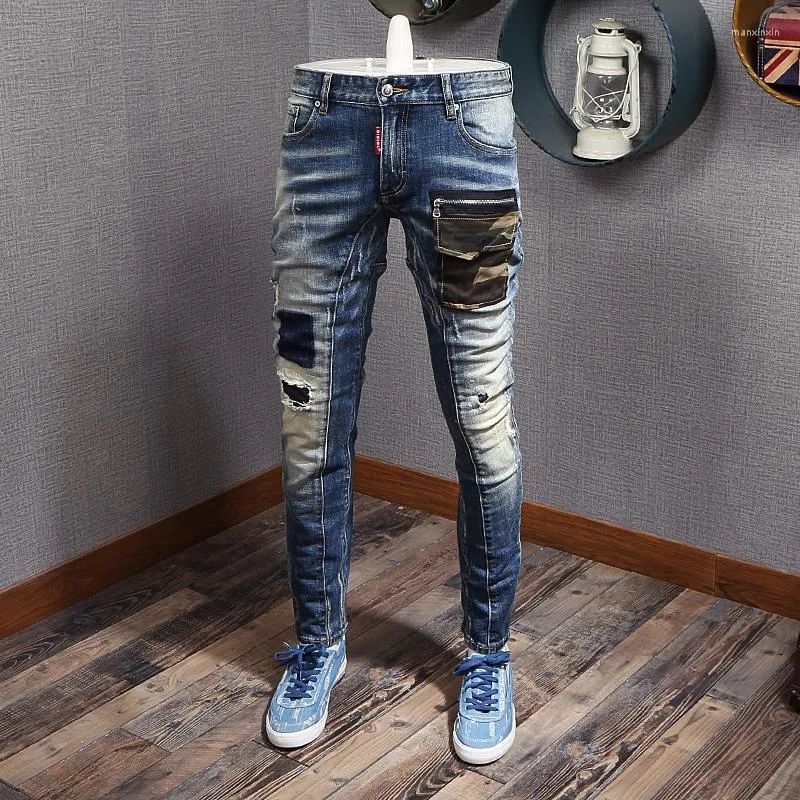 Jeans masculinos masculinos de rua retro moda azul trecho slim fit rasgado punk calças camufladas bolsões de designer calças de jeans de hip hop