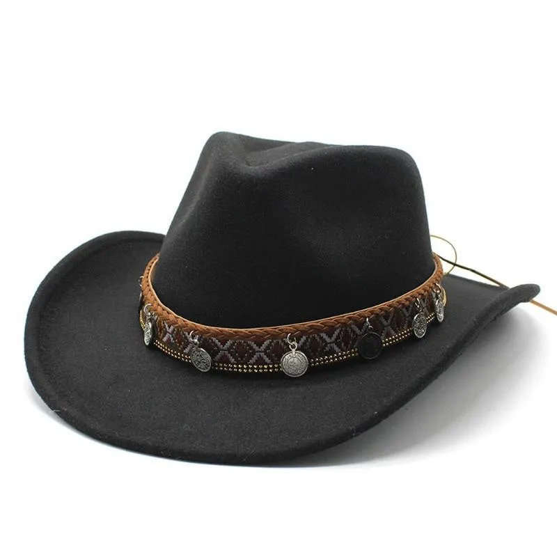 Berets Four Seasons Man Women Cowboy Hats Woolen Ethnic Style West Banded Copper Coin Decoration High Quality Caps