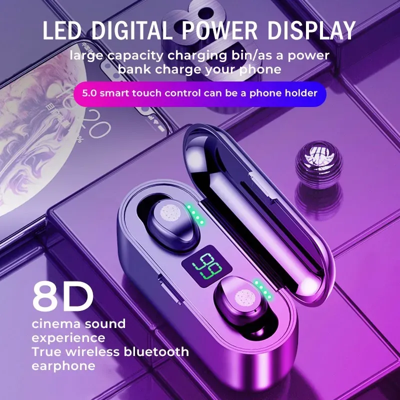 2000MAH F9 TWS Trådlös hörlur Bluetooth v5.0 Earbuds hörlurar LED Display Power Bank Headset Mic med Box Packing 11 LL