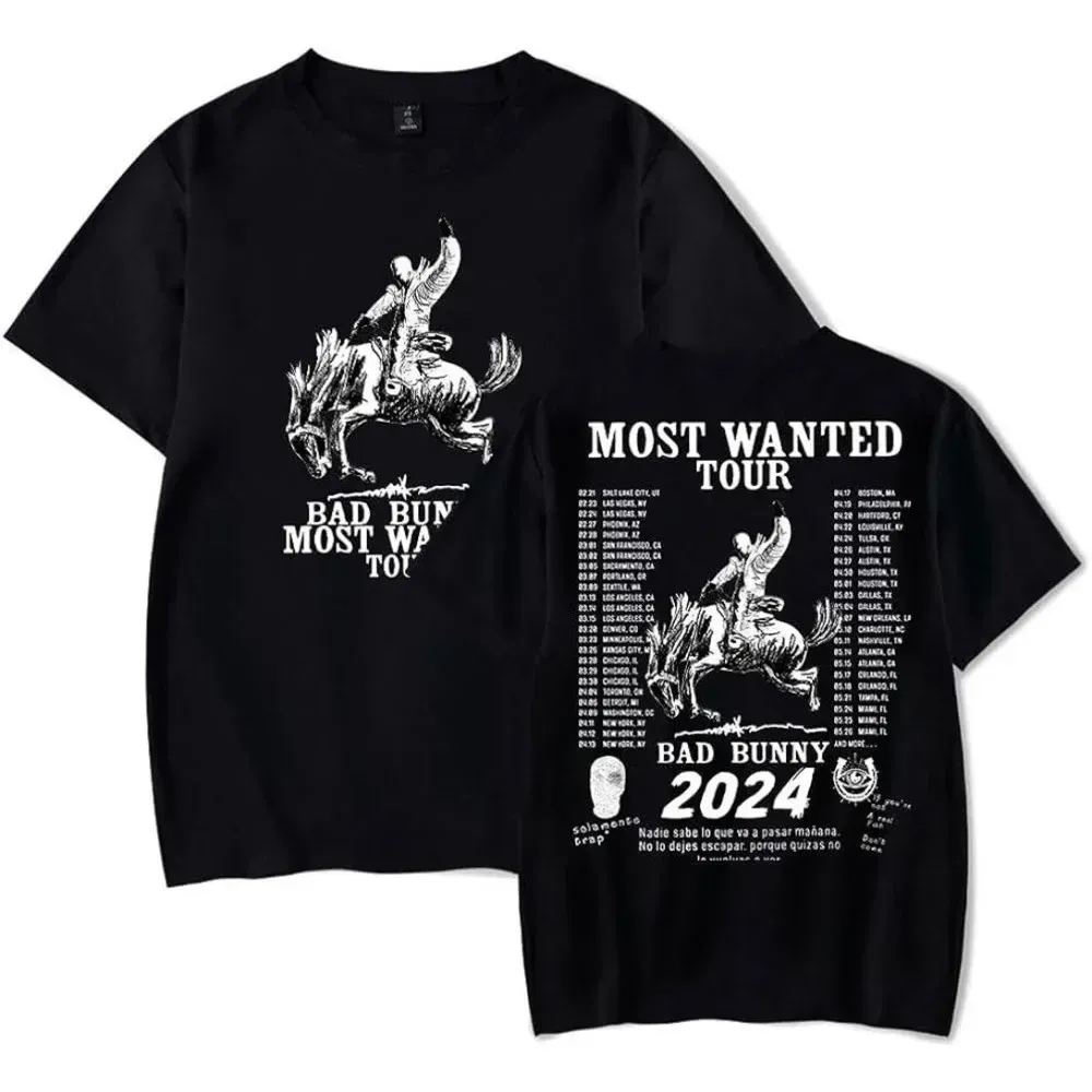 Rapper Bad Bunny Most Wanted Tour 2024 Oversized T-shirt Vrouwen Men Zomer mode O-Neck korte mouw grappige t-shirt grafische T-stukken