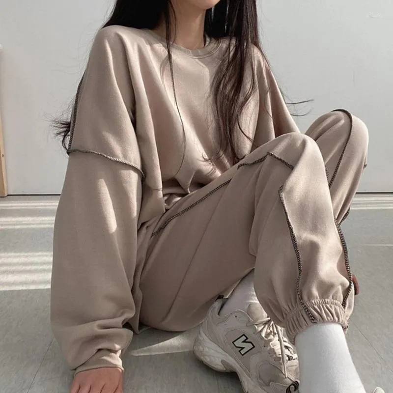 Women's Two Piece Pants Spring Autumn Cotton Tracksuit Soild Long-sleeved Pullover And 2 Sets Women Outfit Korean Fashion Suit