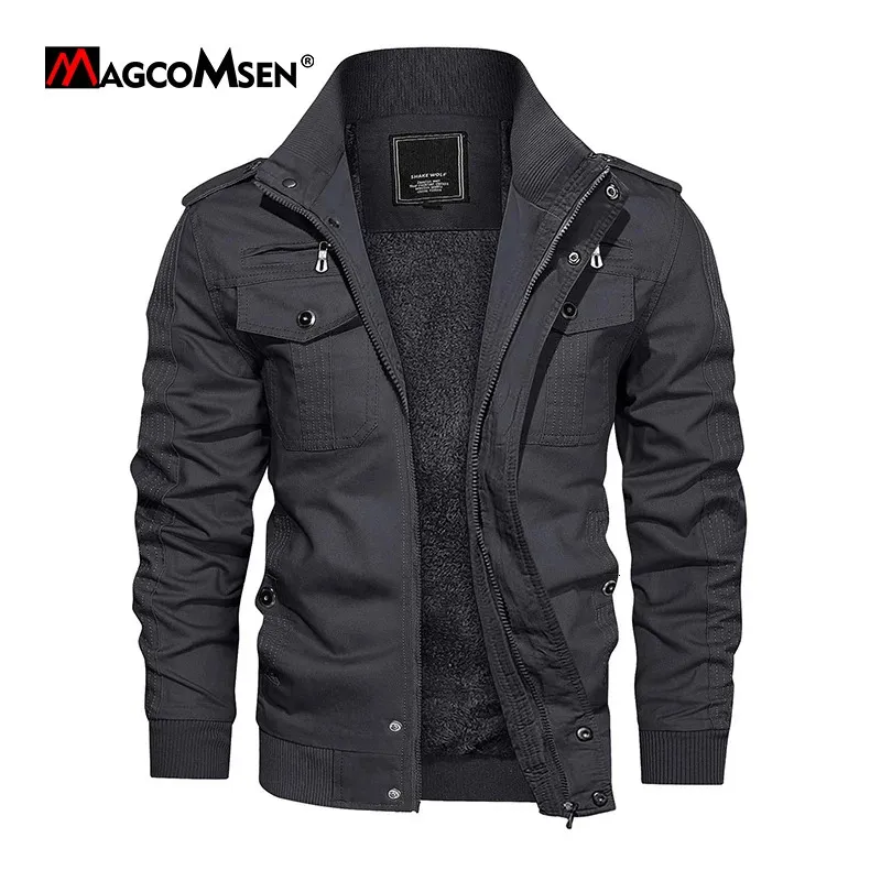 Heren Jassen MAGCOMSEN Fleece Windjack Jassen Herfst Winter Thermische Bomber Multipockets Stand Kraag Motorjas 231129