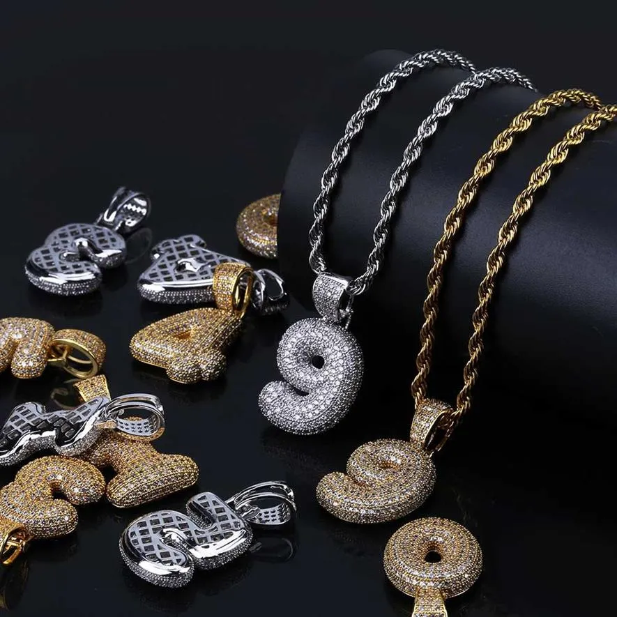 Hip Hop Bubble Arabic Number Pendant Necklace Cubic Zircon 0-9 Numbers Charm Gold Silver Ed Rope Chain For Men Women smycken 252L