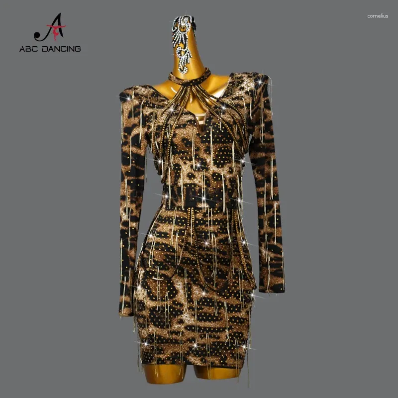 Abbigliamento da palcoscenico Abiti da competizione professionali per balli latini Prestazioni senior Abito sexy con stampa leopardata Pratica di personalizzazione di grandi dimensioni