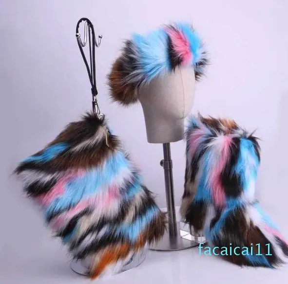 Women Furry Boots Faux Fur Ankle Boot and Bag Headband Sets Fluffy Wool Snow Boots Fuzzy Plush Shoes Warm Woman Flat