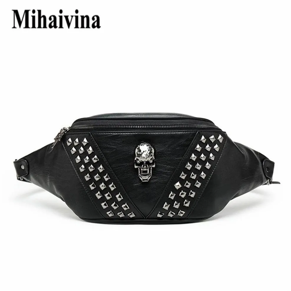 Mihaivina punk nitka czaszka mężczyźni w talii bag w talii czarny fanny paczka skórzana klatka piersiowa S Kobieta Messenger Bum S 220216289r