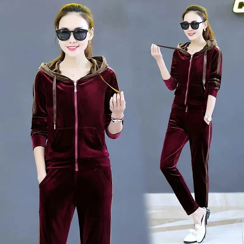 Women's Two Piece Pants Spring Fall Velour Suit Women's Tracksuit Casual Hoodie Coat Pants Sets Plus Size 2 Piece Sets Traf Woman Sportswear Sets 231129