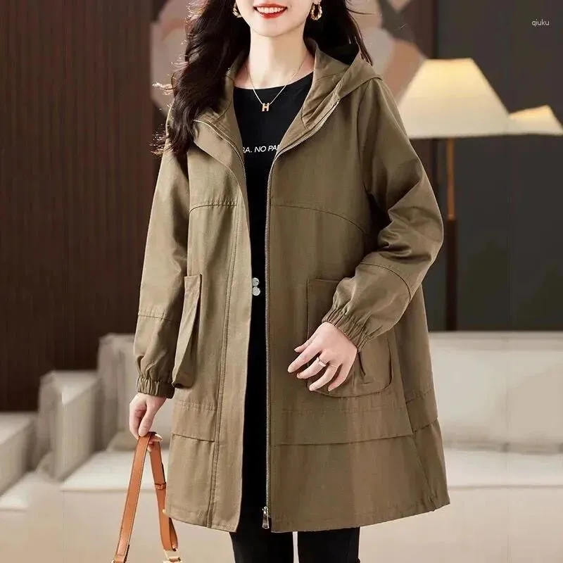 Casacos de Trench das Mulheres Primavera Outono Casaco Mulheres 2023 Moda Coreano Solto Casual Mid Long Hooded Overcoat Feminino Outerwer