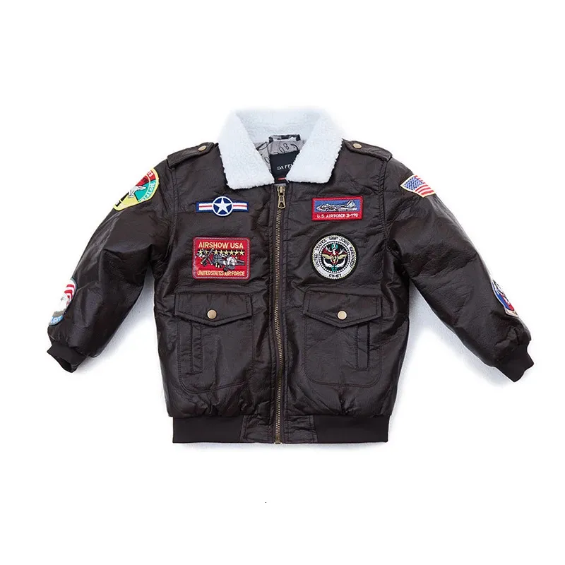 Daunenmantel Lederjacke für Mädchen PU A2 Bomber Warme Kleidung Kind Jungen Mäntel Winter Vintage Baseball Oberbekleidung Baby und Jungen 231130 5CEA