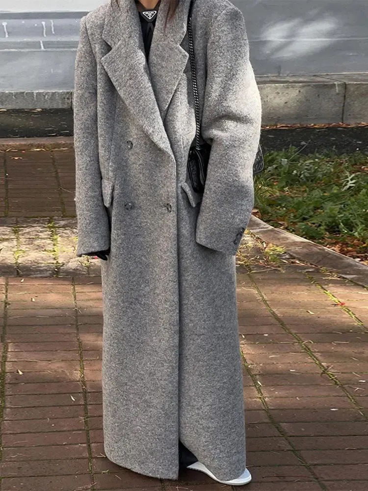 ジャケット・アウター DOUBLE WOOL LONG COAT - GREY Grey Wool Blend Long Overcoat: Elegant, Loose Fit, Double Breasted