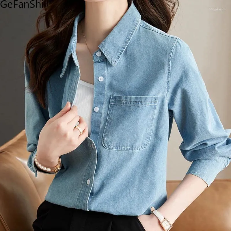 Blouses pour femmes Automne Printemps Mode Solide Bref Denim Blouse Chemise Bouton Élégant Bureau Dames Femmes Casual Lâche Tops Blusas