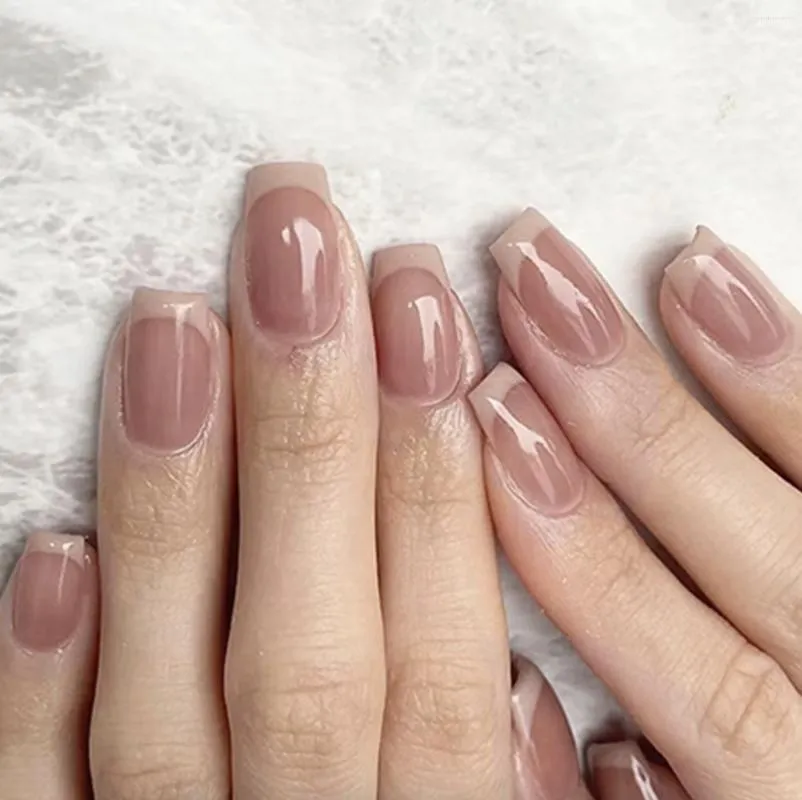 False Nails French Medium Length Square Shape Fairy Oil Coating Finished Fingernail Nail Art Pink Color Fake