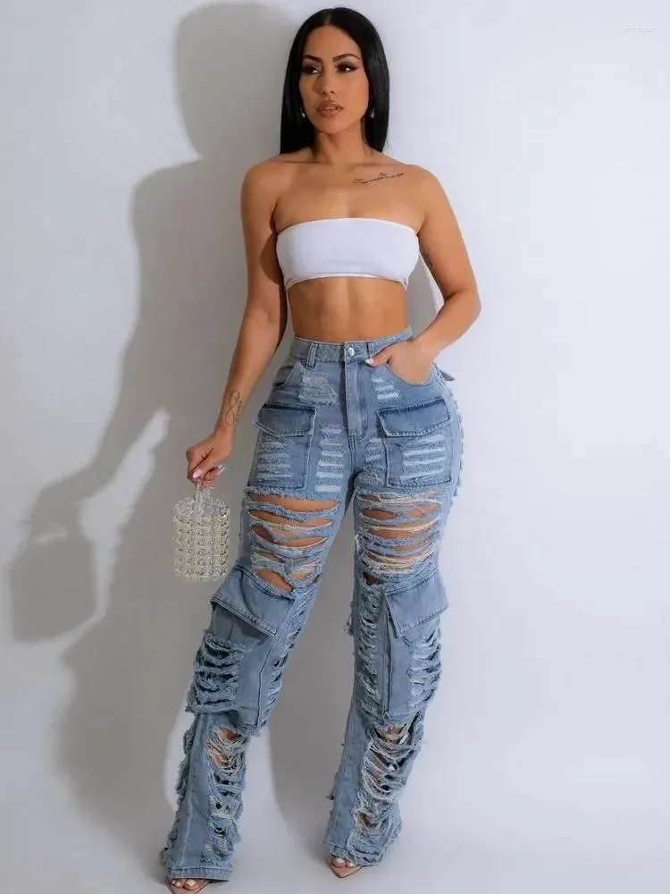 Jeans da donna Y2k Pantaloni in denim leggero invecchiato alla moda con multi-tasche Abiti da strada per ragazze Cerniera con bottone a figura intera