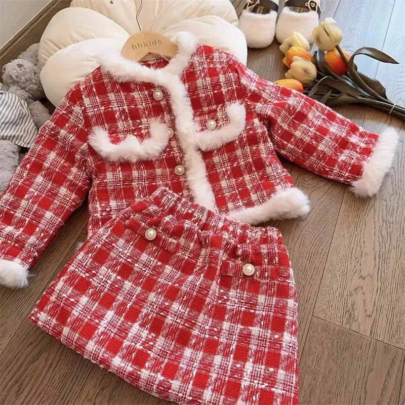 Girls Plaid Woolen Outfit: Red Lattice Skirt Set, Single Breasted Coat  Xmas Party Clothes for Kids, Thick Warm, 2-Piece Set