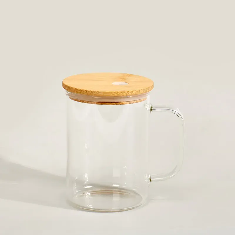 Sublimation 17oz Glass Beer Mug with Bamboo Lids Coffee Tumbler Bottle with Handle and Straw Summer Drinkware Juice Cup Z11