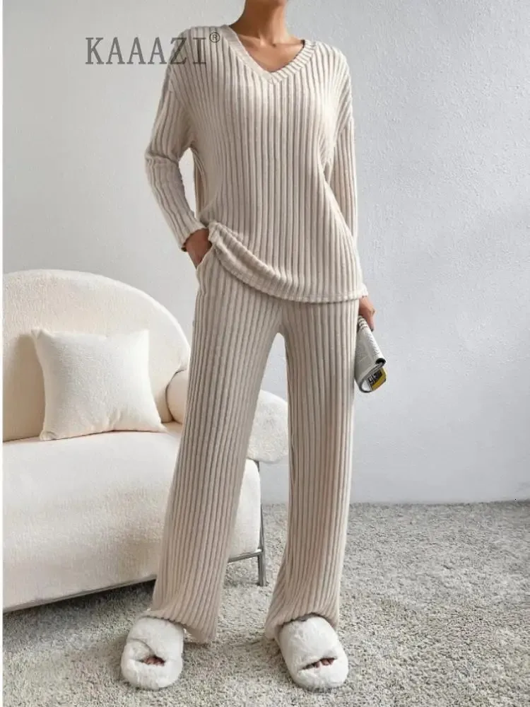 Mulheres duas peças calças kaaazi inverno sleepwear 2 peça conjunto de manga comprida vneck malha casa roupas cintura elástica solta sólida 231129