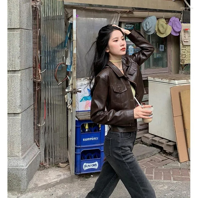 Damesjassen Vintage Pu-leer Korte dames motorfiets cropped jas Streetwear Koreaanse lente herfst bruin Casual All Match bovenkleding