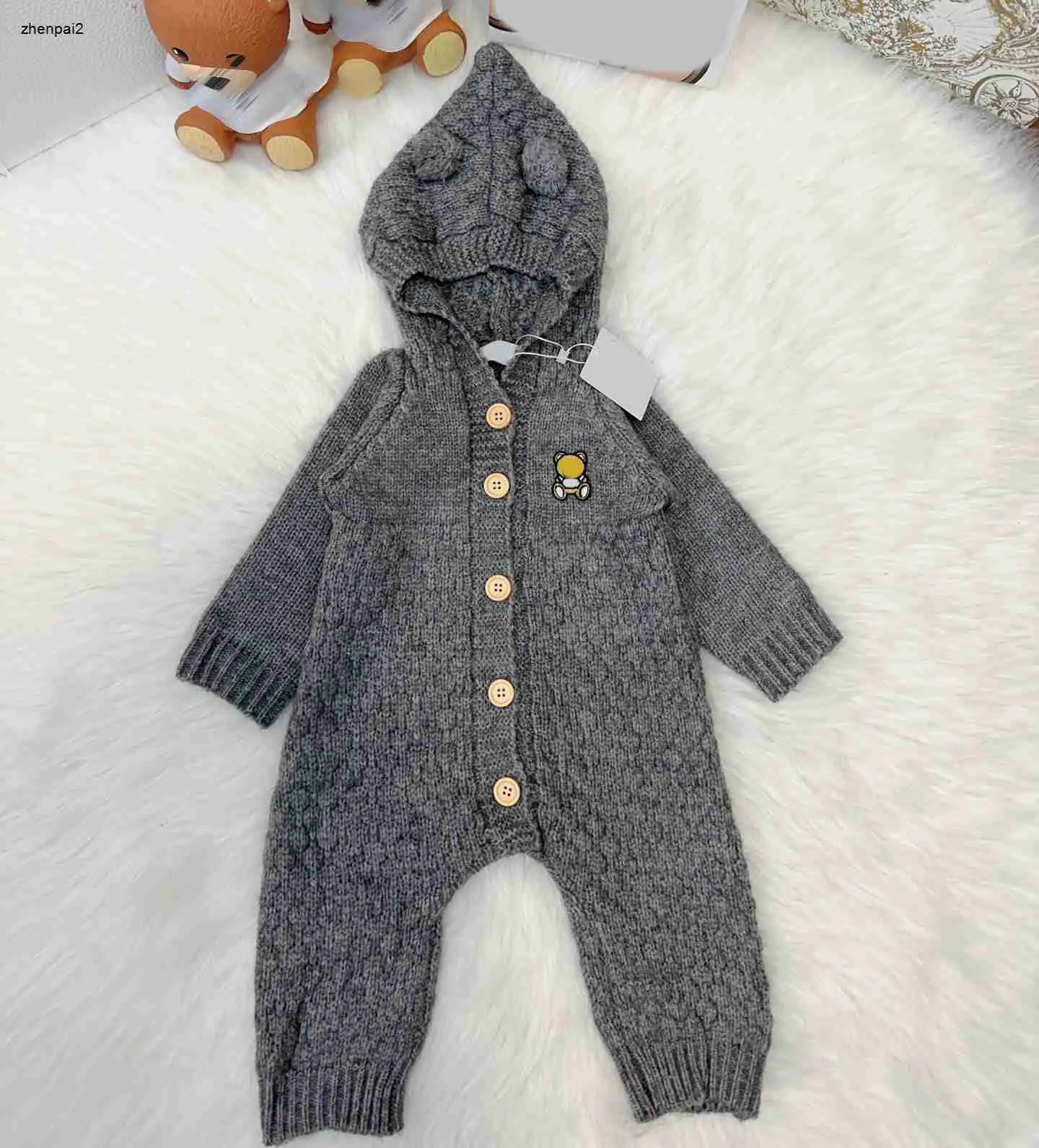 Luxe peuter jumpsuits met capuchon Winter pasgeboren babykleding Maat 59-90 breien Enkele rij gesp baby bodysuit Nov25