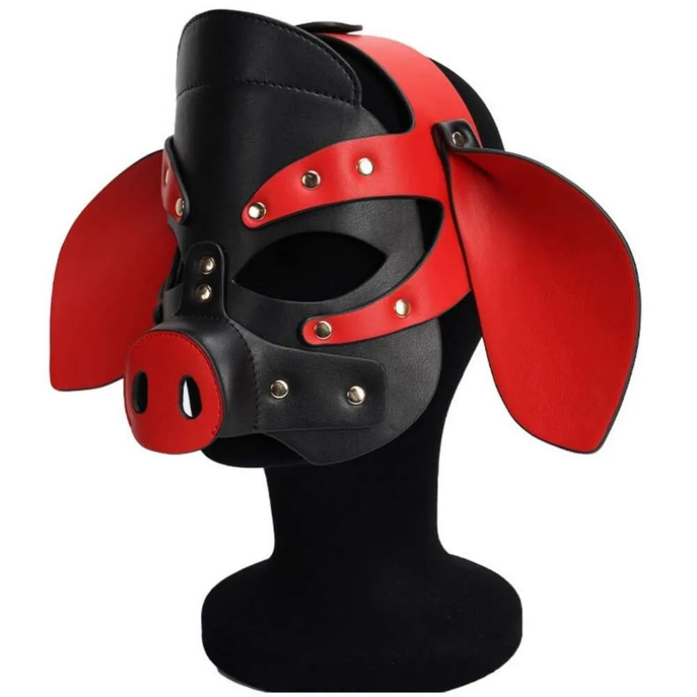 Prodotti per massaggi Gioco di ruolo da schiavo Costumi erotici di pelle Testa di maiale Cappuccio Maschera per uomo Gay BDSM Bondage Pet Play Copricapo Giocattolo sexy Accessorio esotico