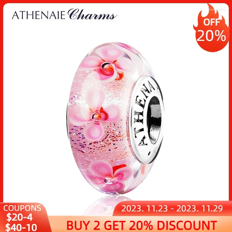 Pietre preziose sciolte ATHENAIE Argento sterling 925 Nucleo Rosa Campo di fiori Perle di vetro di Murano Misura Braccialetti con ciondoli da donna europei SStyle Bangle