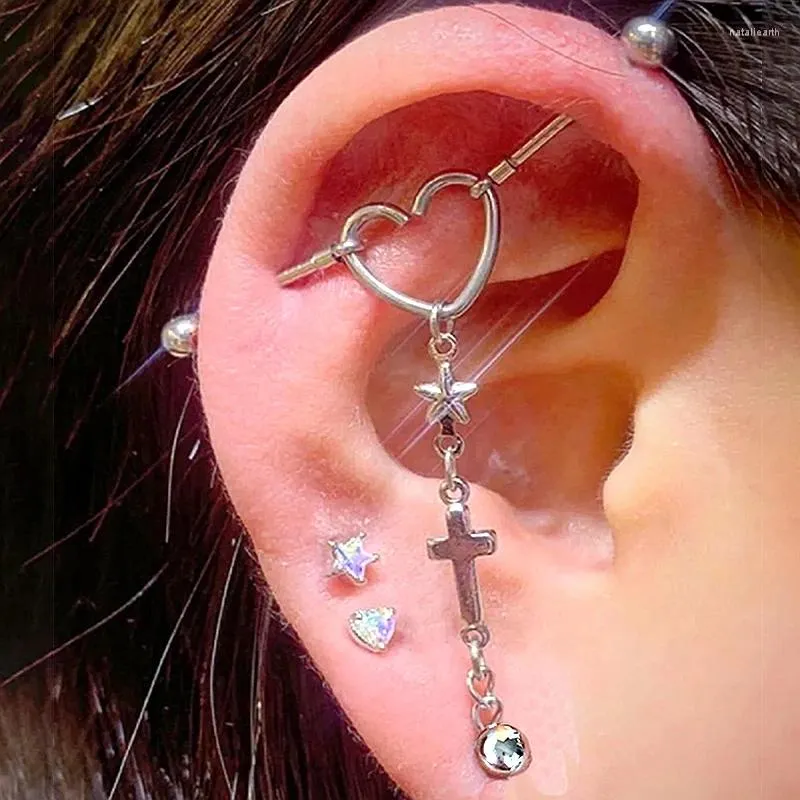 Boucles d'oreilles en forme de cœur, chaîne d'oreille, clous de 16g, Piercing industriel, étoile Cartilage Tragus Conch Lobe, boucles d'oreilles Double/trois percées