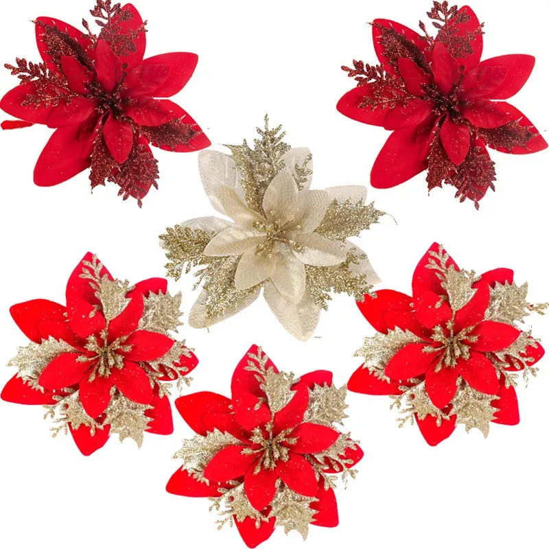 Gedroogde bloemen 105 stks 15 cm Glitter Kerst Kunstmatige Poinsettia Bloemhoofd Kerstboom Ornament Woondecoratie Navidad jaar 231130