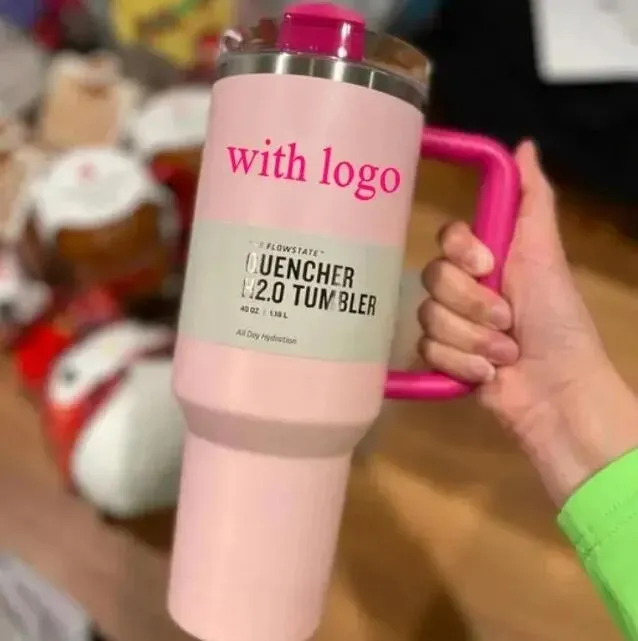 Pink Flamingo 40oz rostfritt ståläventyr H2.0 Tumblers koppar med handtag lock sugrör rese bilmuggar vakuumisolerade dricksvattenflaskor GG1130