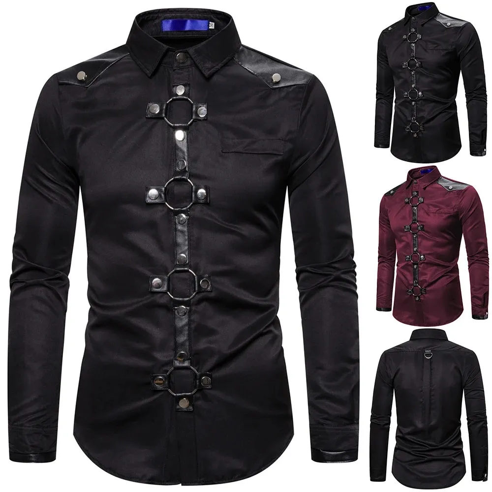 Chemises décontractées pour hommes Hommes Goth Style Rivet Couleur Solide Chemise Cargo Slim Fit Party Singer Stage Streetwear pour hommes Vêtements 231129