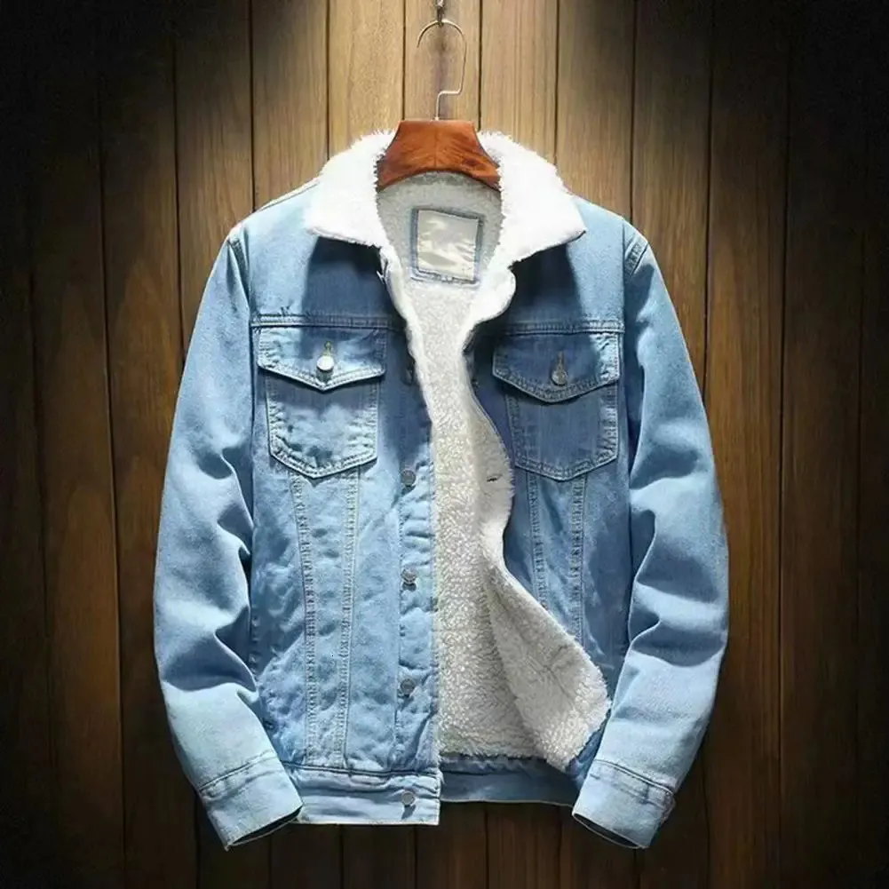 Men's Jean Jacket with Thicken Lamb Cashmere Lining Coldproof