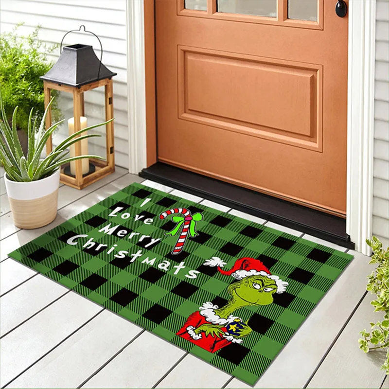 Christmas Grinch Door Mat Welcome Mats for Front Door Non-Slip and Washable Winter Carpet Floor Mat Rugs 24X 16 Inch