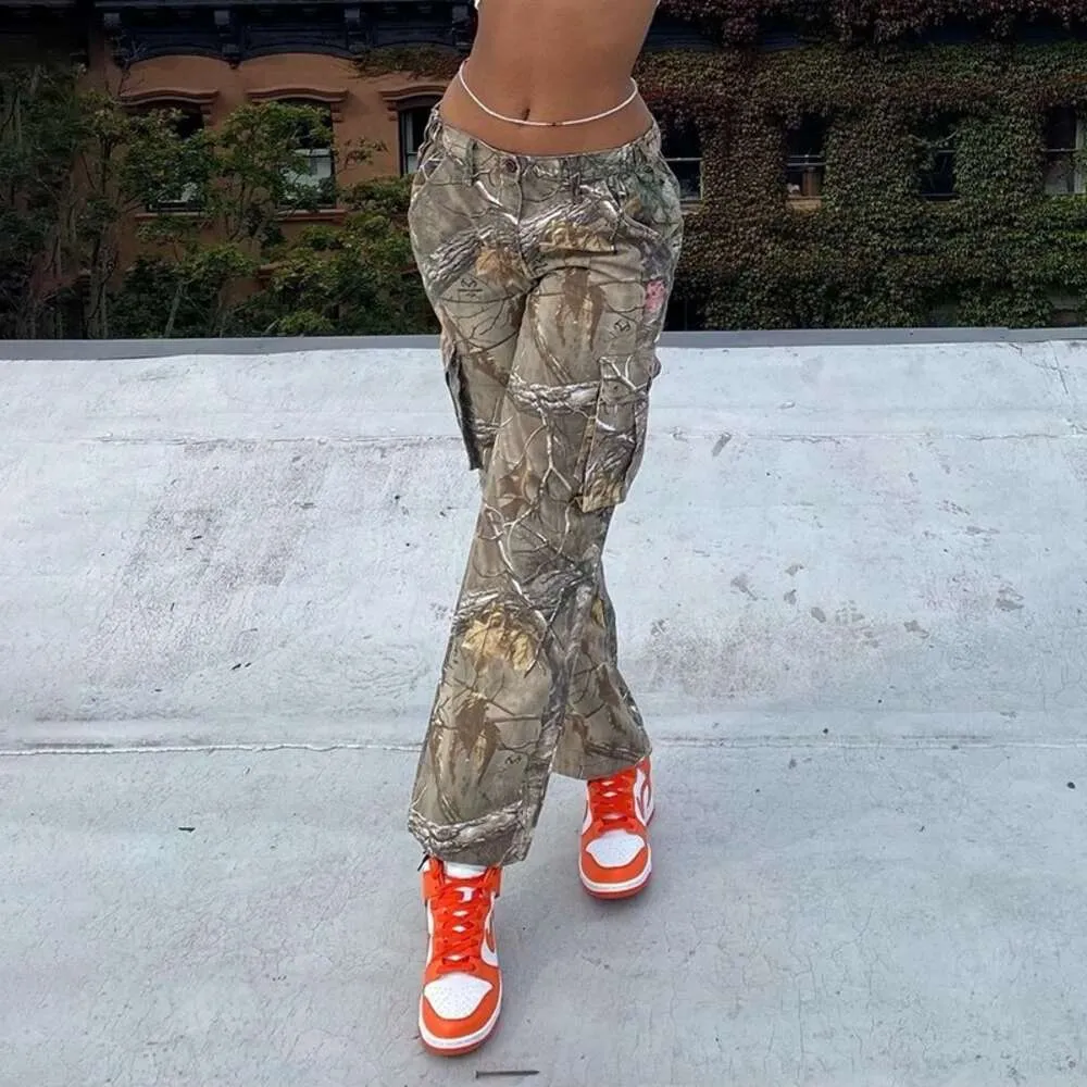 Dames capri casual hoge taille mode rechte zakken camouflage cargo voor dames streetwear broek camouflage bladprint broek 230324