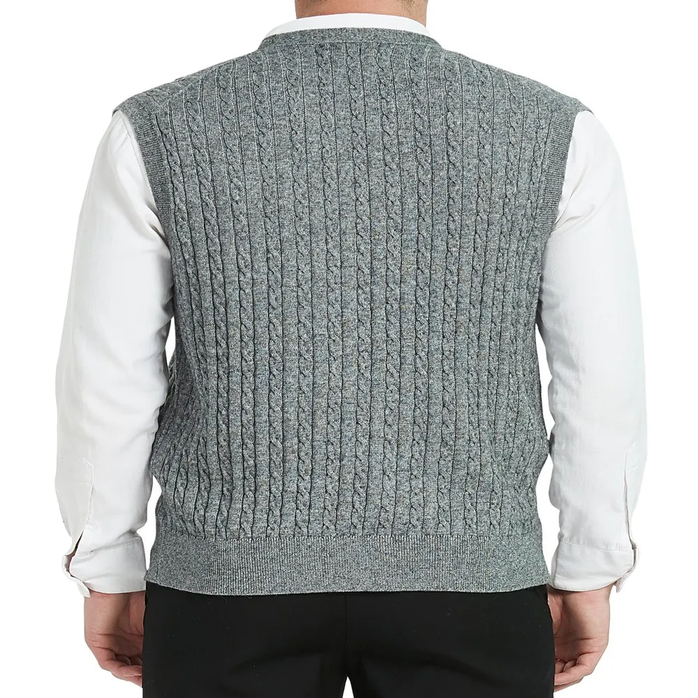 Los hombres son mezcla de lana de cachemira Cable Knit V cuello sin mangas Cardigan chaleco suéter gris claro, grande